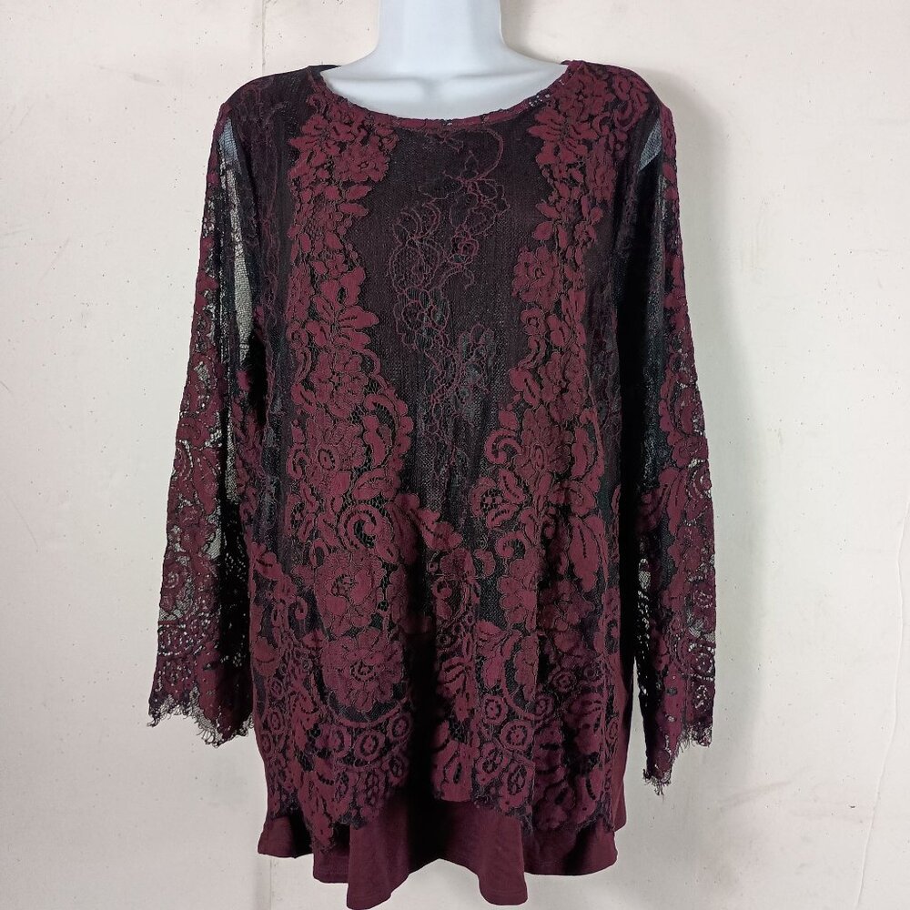 Chicos Burgundy Lace Overlay Top Size L 2 Womens Blouse Whimsigoth Goth Glam